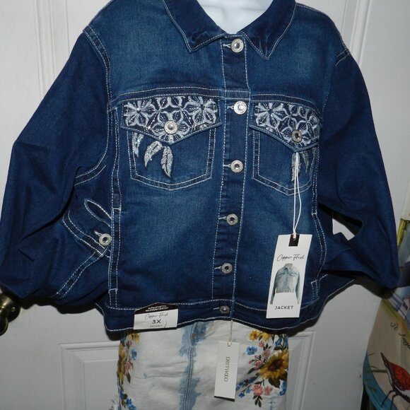 NWT 3XL Women's Embroidered Feathers Cropped Denim Jacket Copper Flash🆕⌚🏃💨🚚 - Picture 2 of 16